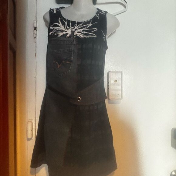 Demoiselle Lou y2k color block Jean patch logo floral dress rare multimedia - Picture 2 of 8